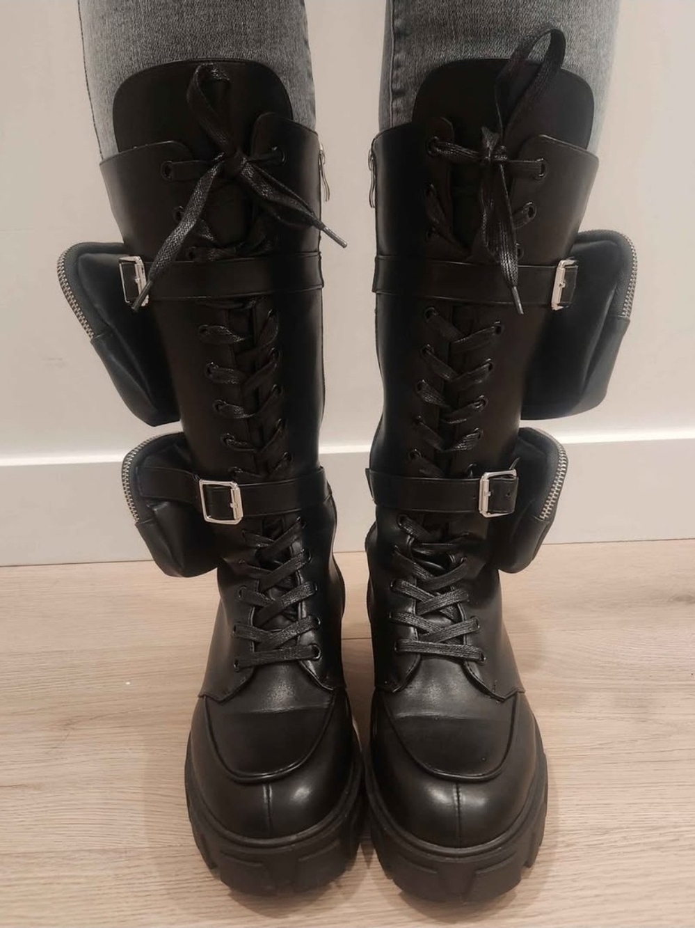 Women’s Black Lace-Up Combat Boots with Side Pouches